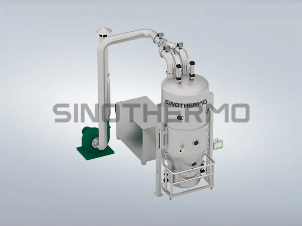 Image d'un séchoir à lit fluidisé vertical SINOTHERMO, une machine industrielle utilisée pour le séchage efficace de matériaux granulaires par fluidisation.