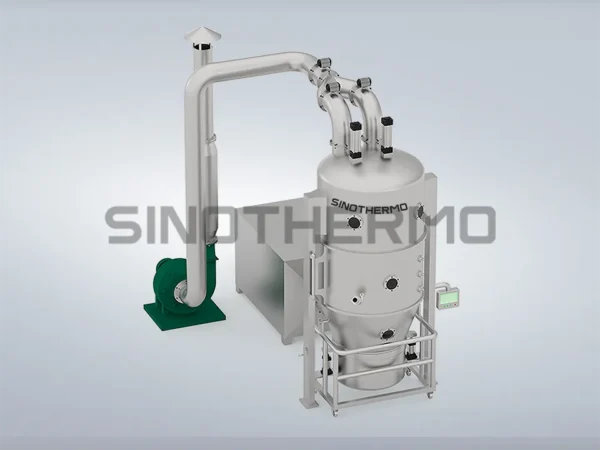 Image of a SINOTHERMO Vertical Blending Fluidized Bed Dryer, an industrial machine designed for efficient drying and blending of granular materials through fluidization.