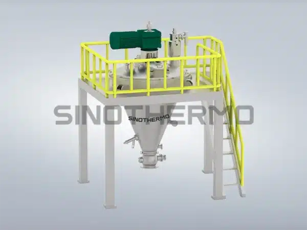 A Conical Vacuum Dryer elevated on a platform with safety railings and access ladder, featuring a green motor and stainless steel construction.