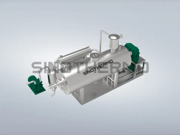 A 3D rendering of a sleek, industrial Rake Dryer, featuring a cylindrical horizontal body with external fittings and green motors, all mounted on a grey structural frame.