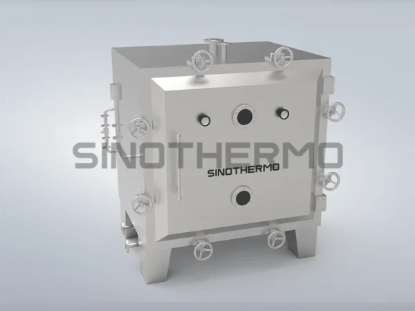 A Square Static Vacuum Dryer with a robust, metallic build, featuring multiple viewing ports, control valves, and sturdy feet, rendered in a professional, clean setting.