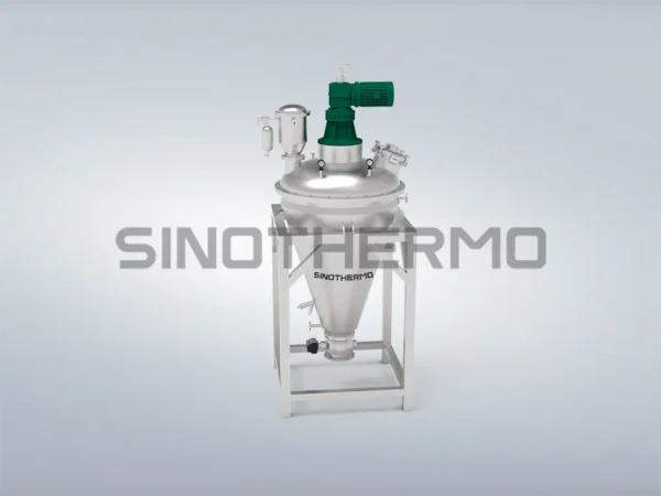 Conical Ribbon Screw Blender mixer for powder blending and mixing, consisting of stainless steel conical vessel on stand with green electric motor drive on top.