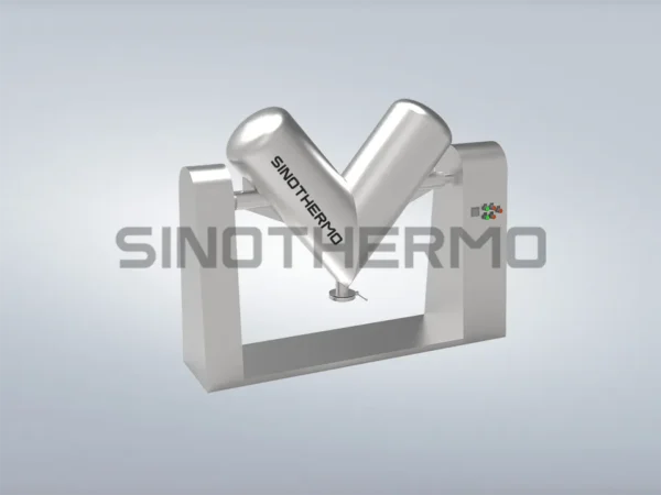 A 3D rendering of a silver V-shaped blender or mixer on a gray background, with the word "SINOTHERMO" displayed in front of it.