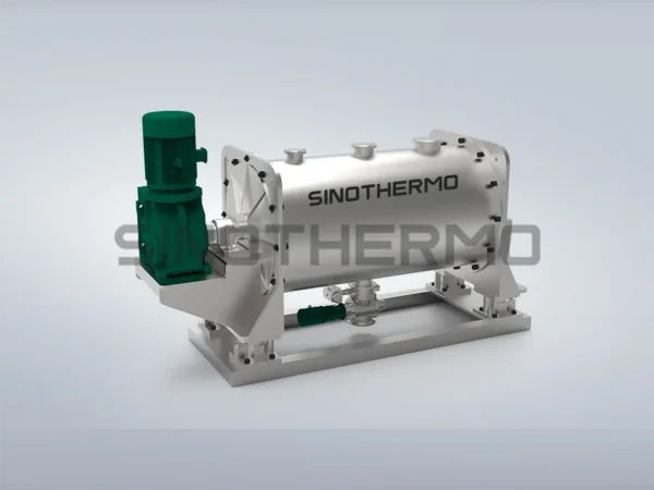 Industrial horizontal ribbon blender mixer with green electric motor on gray background