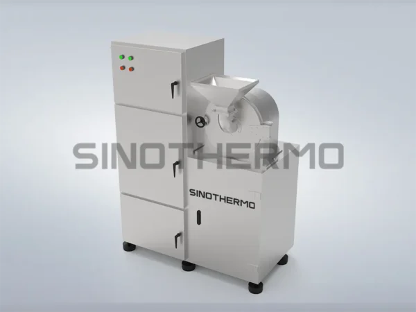 White industrial hammer mill machine with green and red indicator lights, used for grinding and milling materials into smaller particles or powder.