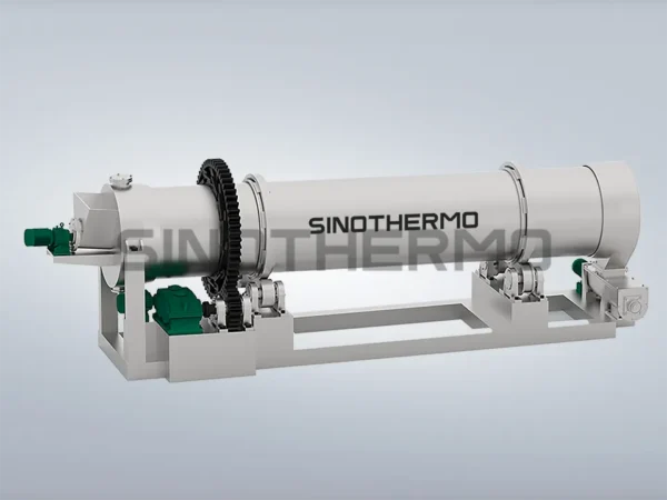 Image of a SINOTHERMO Rotary Kiln, an industrial machine used for high-temperature processing of materials, featuring a rotating cylindrical drum.