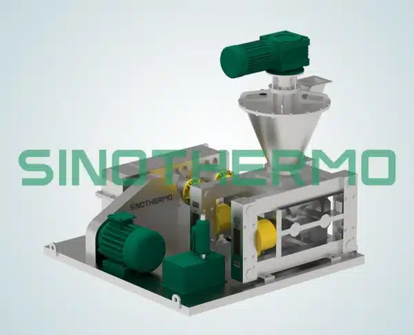 A Dry Granulation featuring a hopper, robust green motors, and a compact, precise rolling mechanism, displayed in a professional, clean setup.