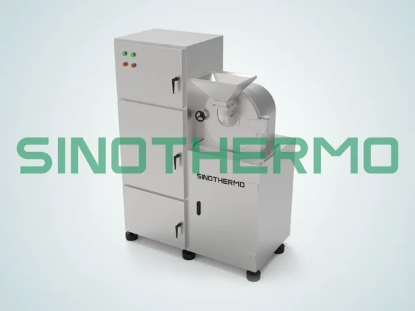 White industrial hammer mill machine with green and red indicator lights, used for grinding and milling materials into smaller particles or powder.