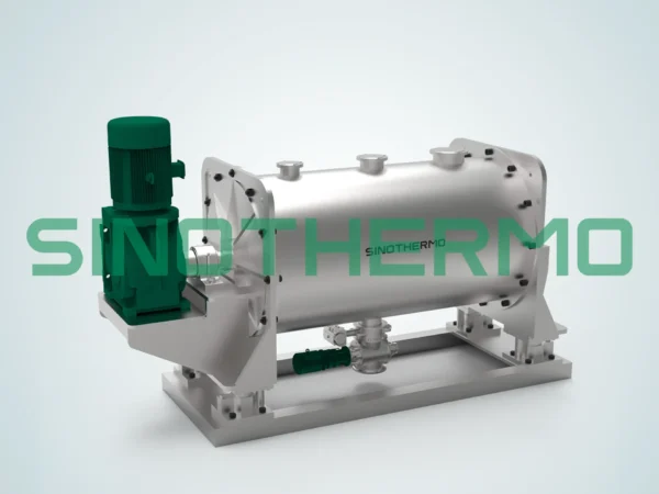 Industrial horizontal ribbon blender mixer with green electric motor on gray background