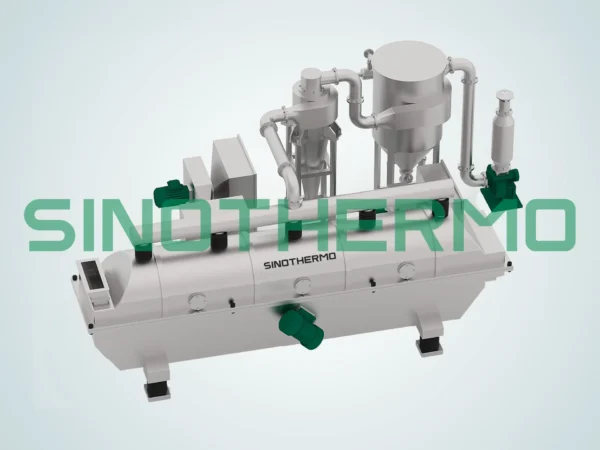 A 3D rendering of a Horizontal Vibrating Fluidized Bed Dryer with multiple connected components and a sleek industrial design.