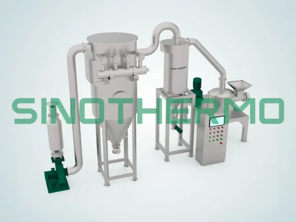 A 3D rendering of an industrial impact pulverizer machine with multiple gray hoppers, green components, and a white frame against a plain gray background.