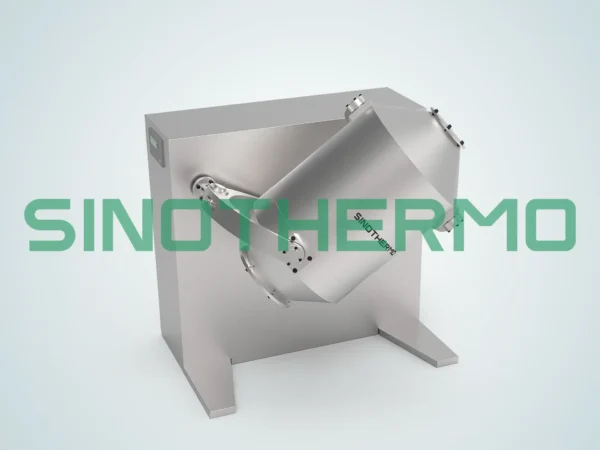 Image of a stainless steel Rotary Drum Mixer designed for industrial mixing applications, featuring a tilted cylindrical drum mounted on a sturdy frame, branded with 'SINOTHERMO'.