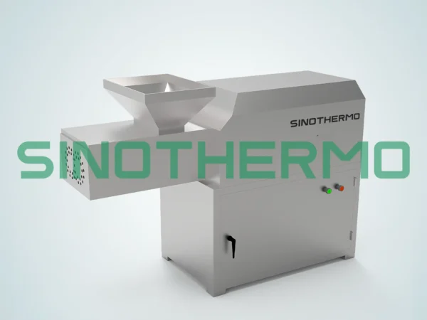 A sleek, modern Screw Extruder, featuring a stainless steel body and hopper, designed for granulation processes, with control indicators on the side.