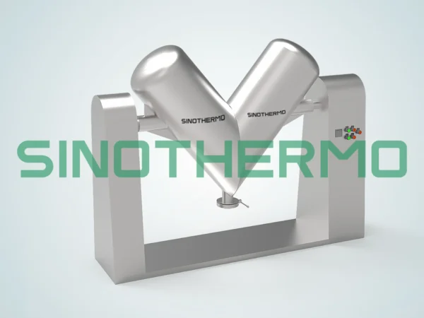 A 3D rendering of a silver V-shaped blender or mixer on a gray background, with the word "SINOTHERMO" displayed in front of it.