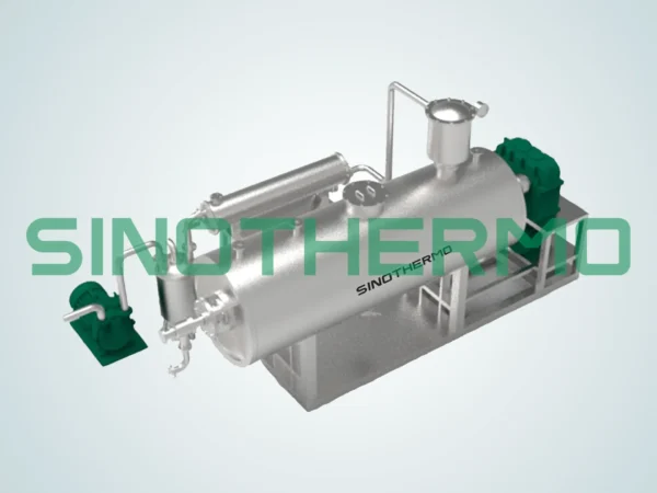 A 3D rendering of a sleek, industrial Rake Dryer, featuring a cylindrical horizontal body with external fittings and green motors, all mounted on a grey structural frame.