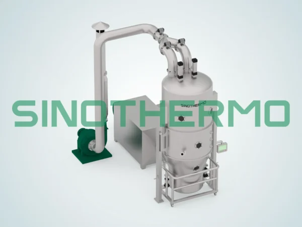 Image of a SINOTHERMO Vertical Fluidized Bed Dryer, an industrial machine used for efficient drying of granular materials through fluidization.