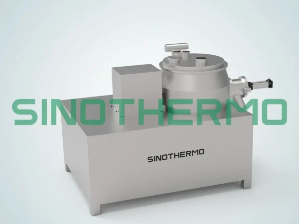 A Wet Rapid Mixing Granulator, rendered in 3D, showcases a compact design with a sleek white body, a top-loading bin, and processing controls.