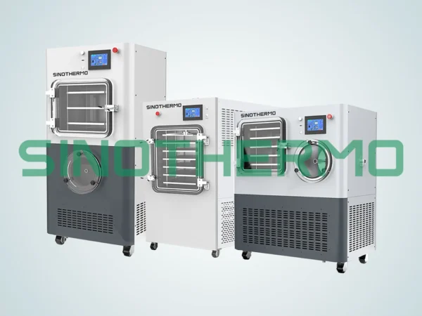 SINOTHERMO laboratory freeze dryers in various sizes with digital controls, stainless steel construction, and vacuum pump systems for efficient lyophilization and pilot scale freeze drying.